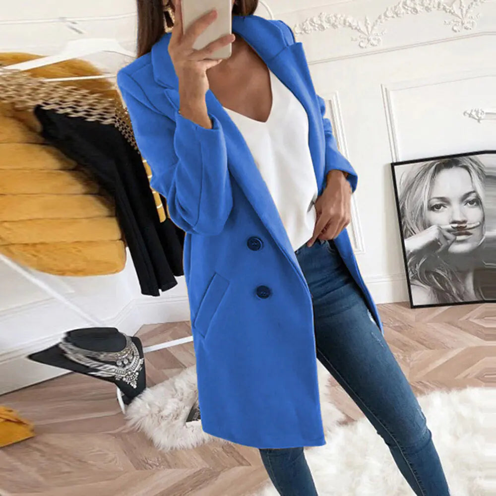 Elegant Long Wool Blend Coat with Buttons for Women