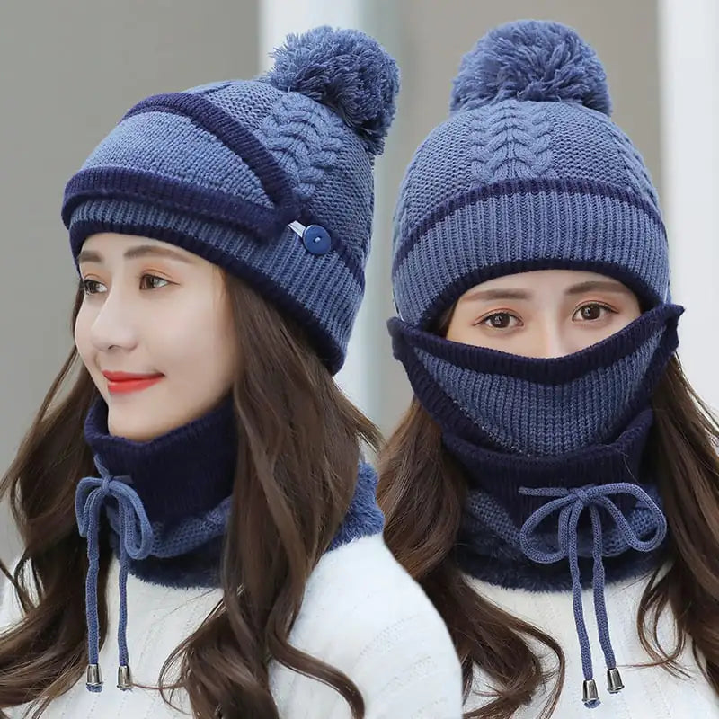 Warm Women's Knitted Beanie Hat and Scarf Set (3pcs)