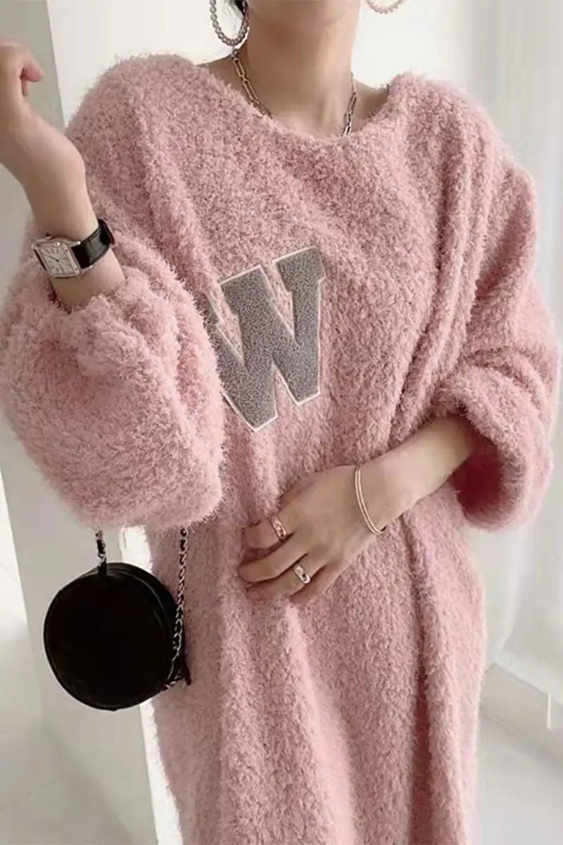 Warm Plush Long Sleeve Sweater Dress with Letter Patch