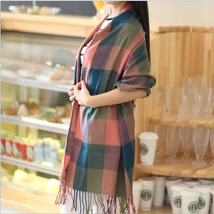 Winter Plaid Scarf for Women - Long Fringe Shawl