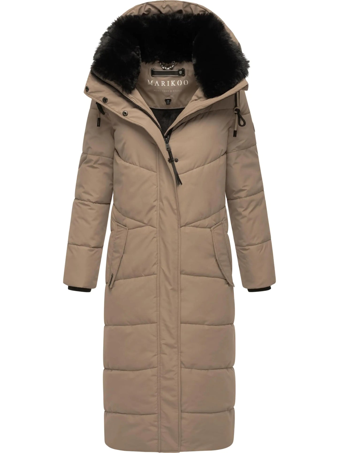 Marikoo Extra Long Quilted Winter Jacket for Women with Detachable Hood | Puffy Coat in Calf-Length | Hingucker XIV Taupe Grey L
