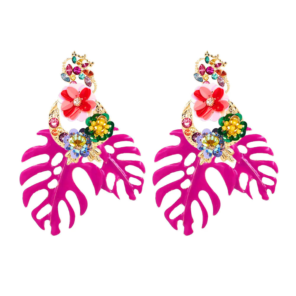 Exaggerated Flower Leaf Earrings with Rhinestones