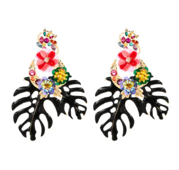 Exaggerated Flower Leaf Earrings with Rhinestones