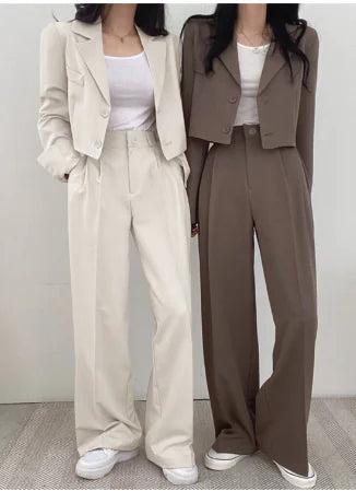 White Short Jacket and Wide Leg Pants Set