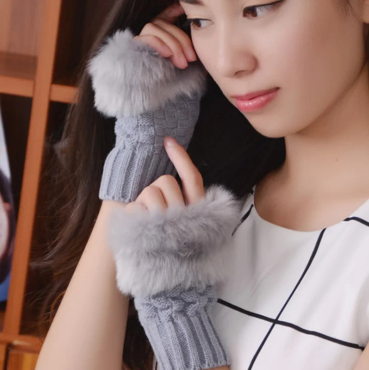 Rabbit Fur Half-Finger Knit Gloves for Warmth
