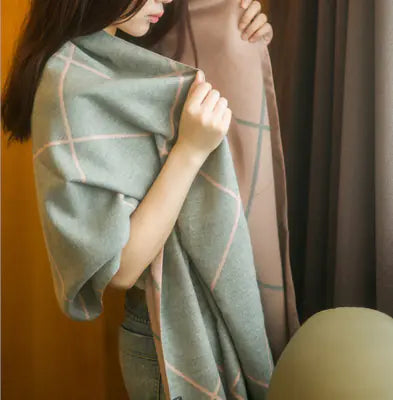 Plaid Cashmere-Feel Double-Sided Scarf/Shawl for Women