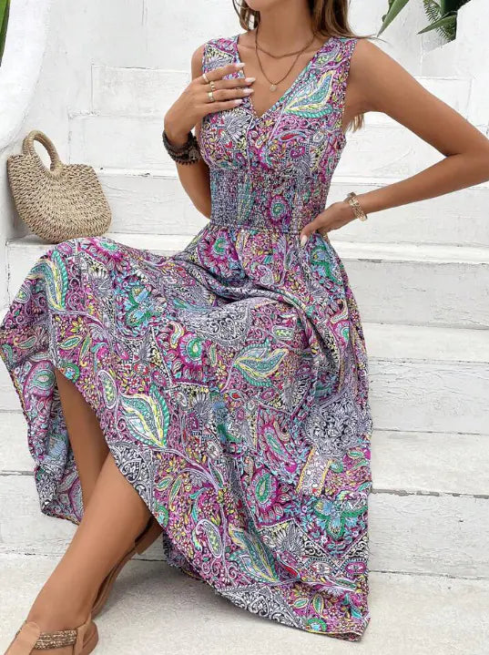 High Waist Sleeveless Bohemian Dress for Women