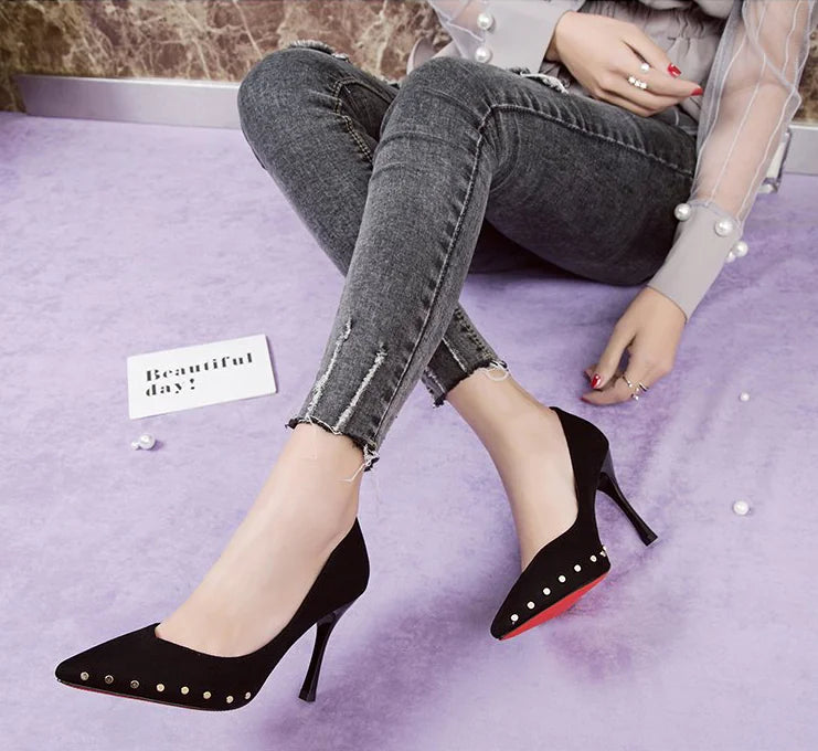 Stiletto Heels with Rivets and Pointed Toe Design