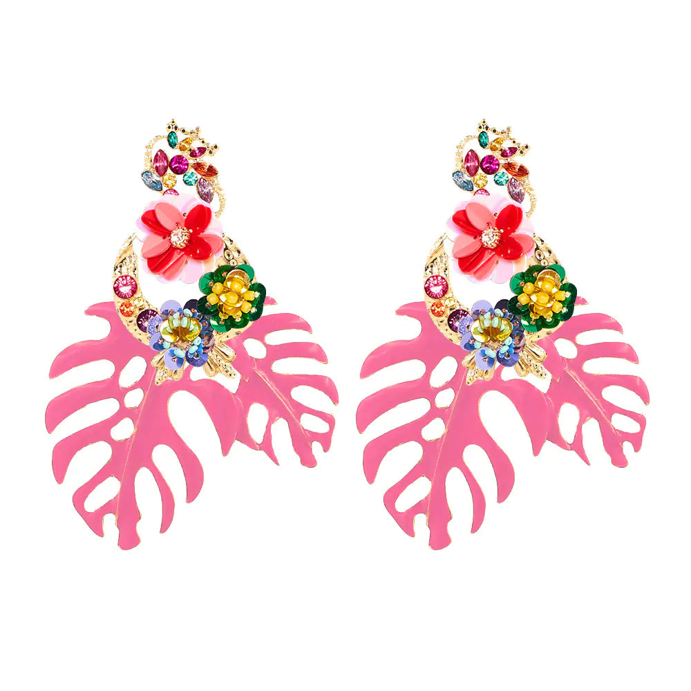 Exaggerated Flower Leaf Earrings with Rhinestones