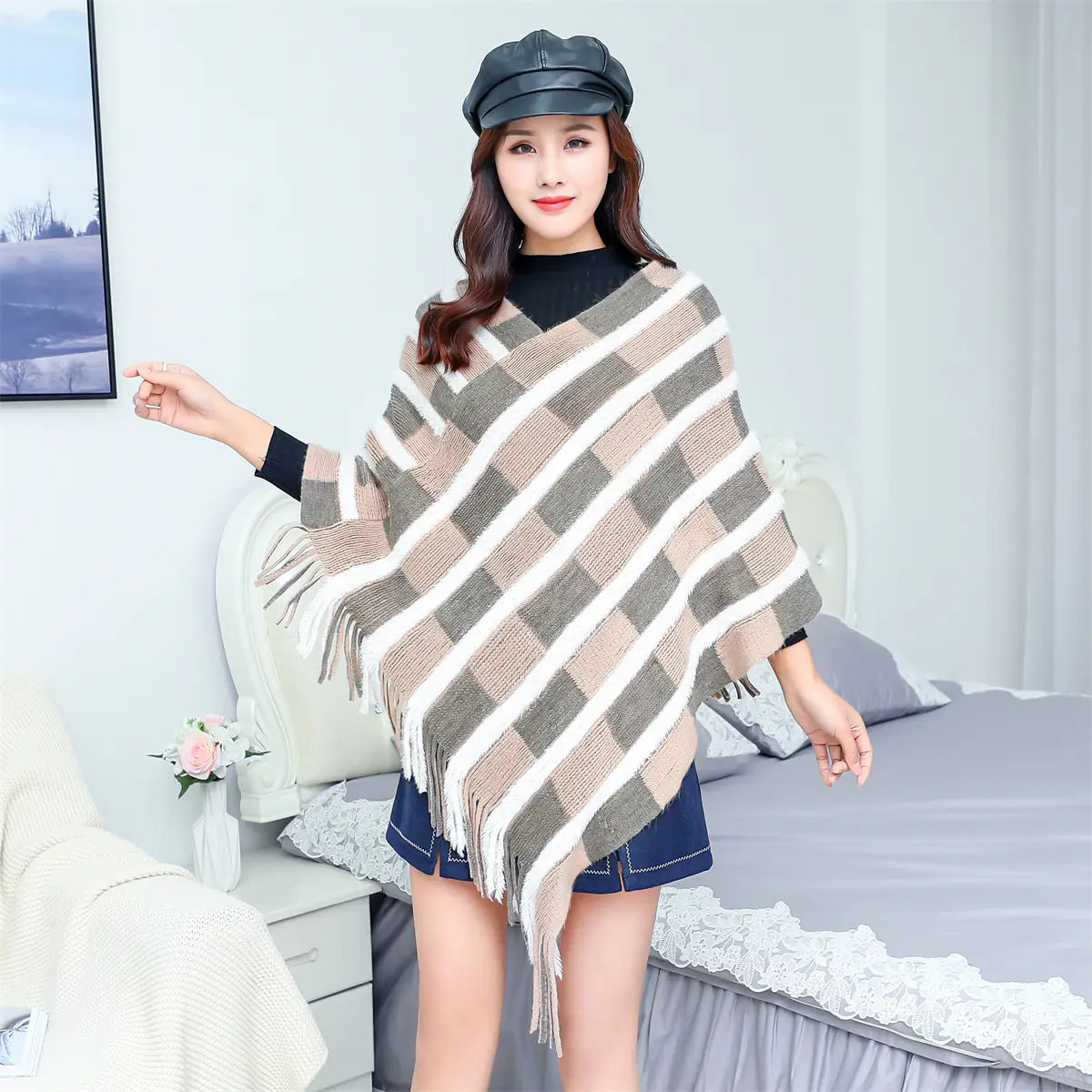 V-Neck Striped Fringe Shawl Knit Sweater Cape