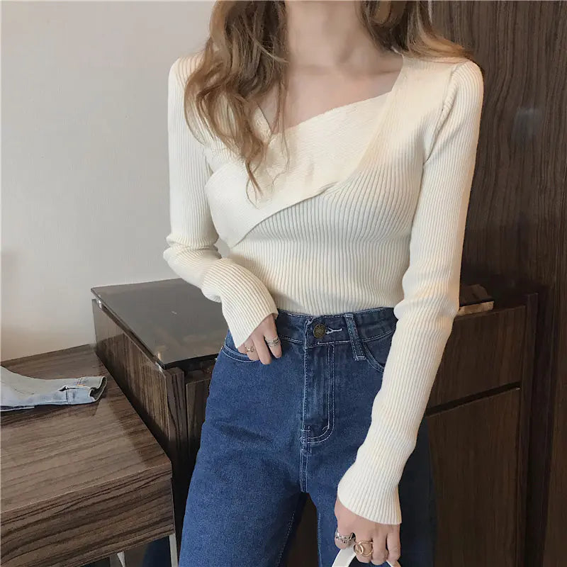 Stylish Cross V-Neck Knit Sweater - 2020 White Top