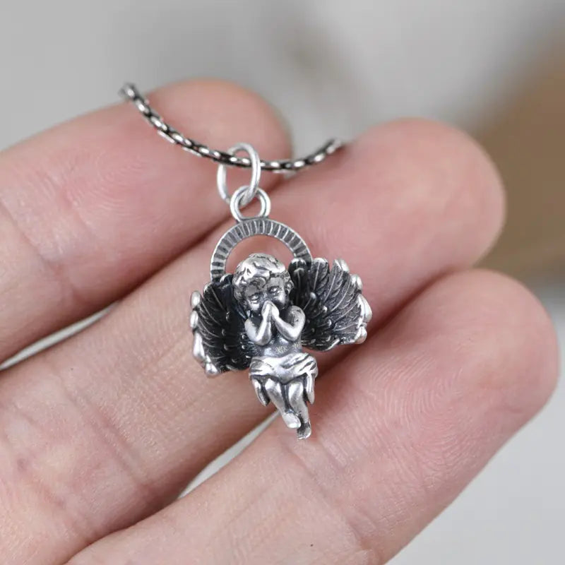 S925 Silver Vintage Angel Pendant Necklace for Women