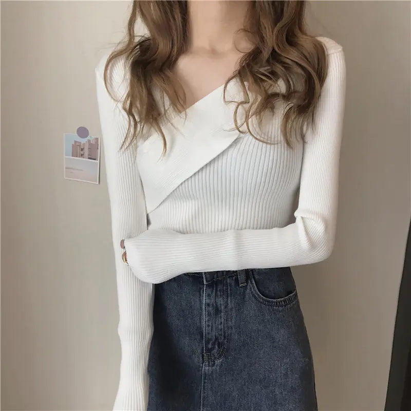 Stylish Cross V-Neck Knit Sweater - 2020 White Top