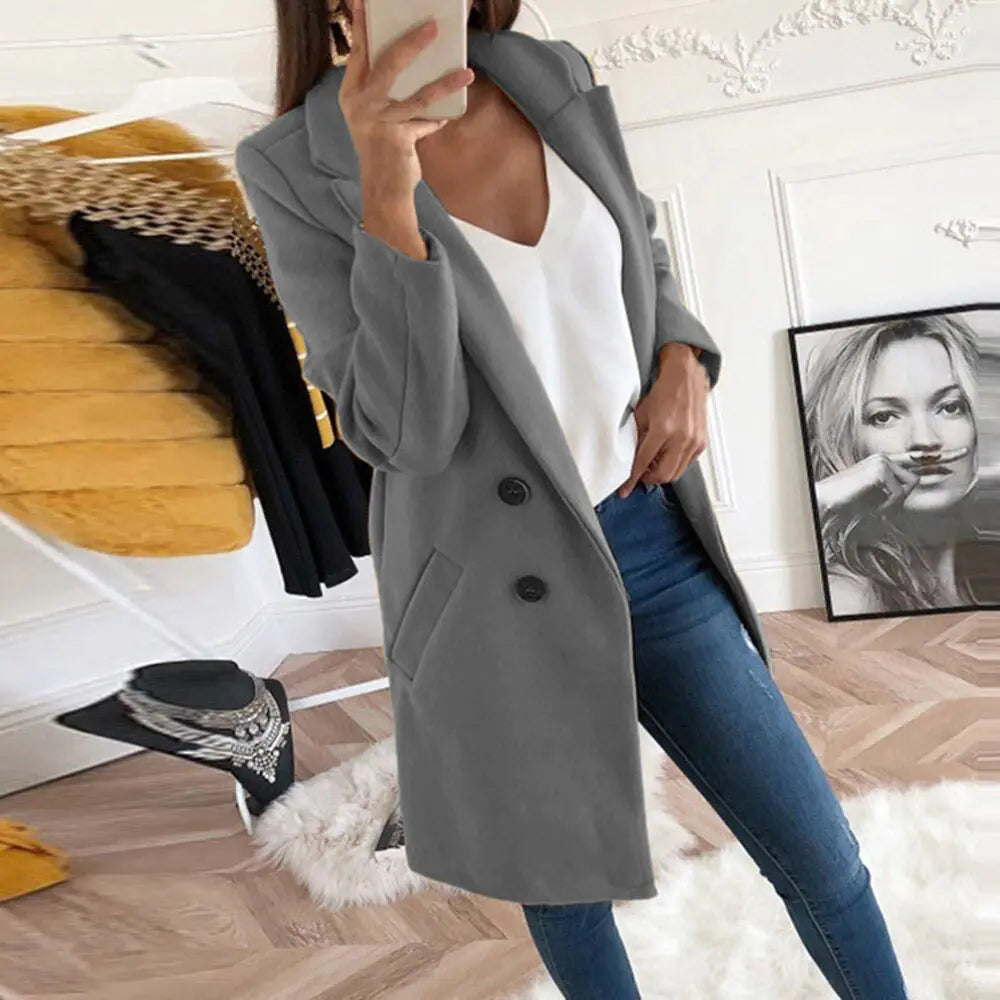 Elegant Long Wool Blend Coat with Buttons for Women