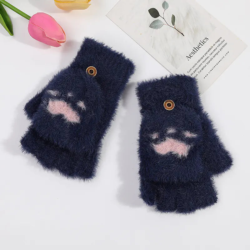 Winter Cat Claw Half-Finger Knitted Gloves for Women