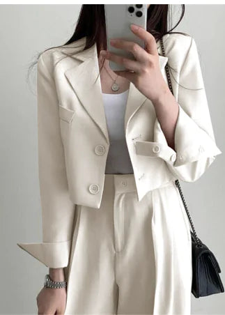 White Short Jacket and Wide Leg Pants Set