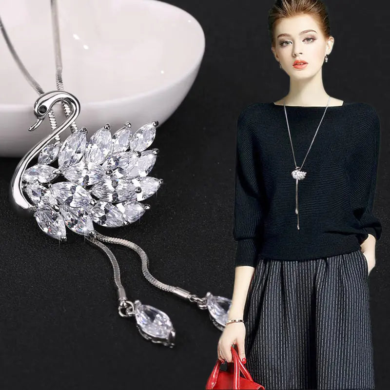 Swan Sweater Chain with Waterdrop Zircon Pendant