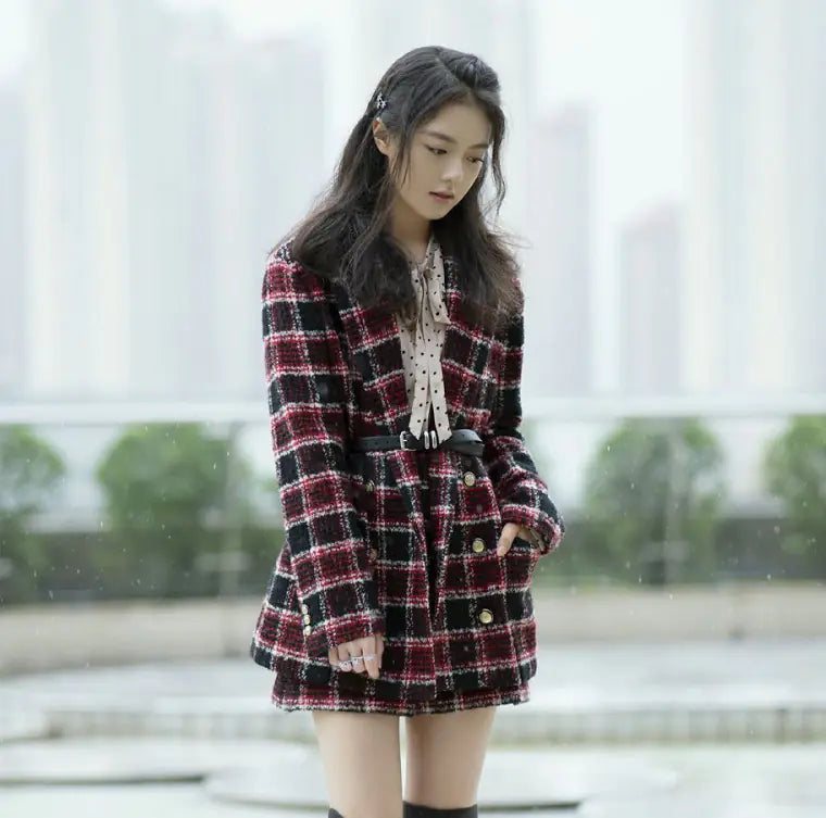 Plaid Tweed Jacket and High Waist Shorts Set for Women