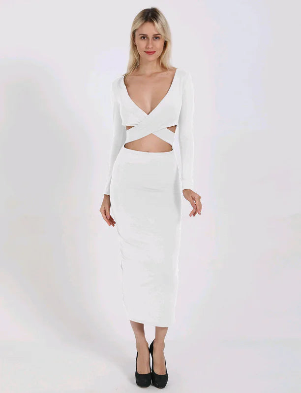 Sexy V-Neck Hollow Out Long Sleeve Bodycon Dress