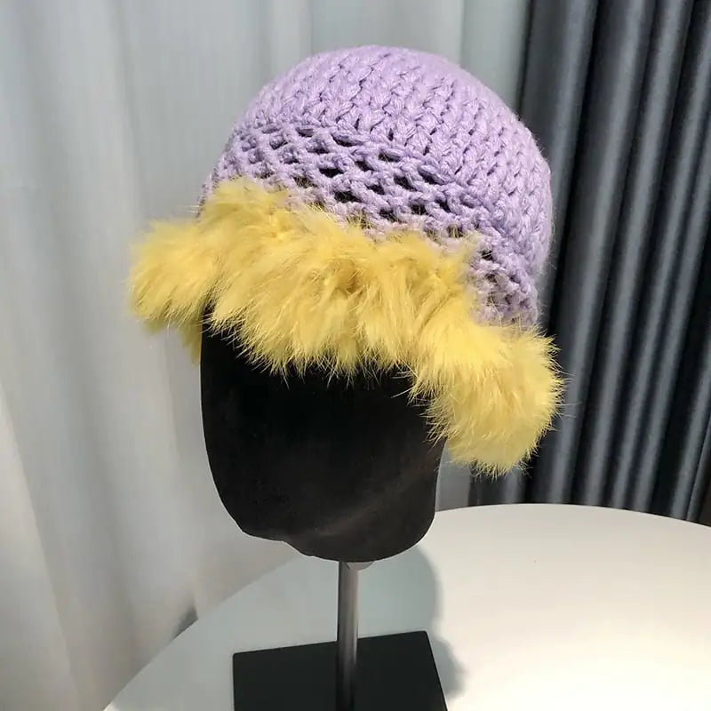 Hollow Knitted Women's Fisherman Rabbit Fur Hat