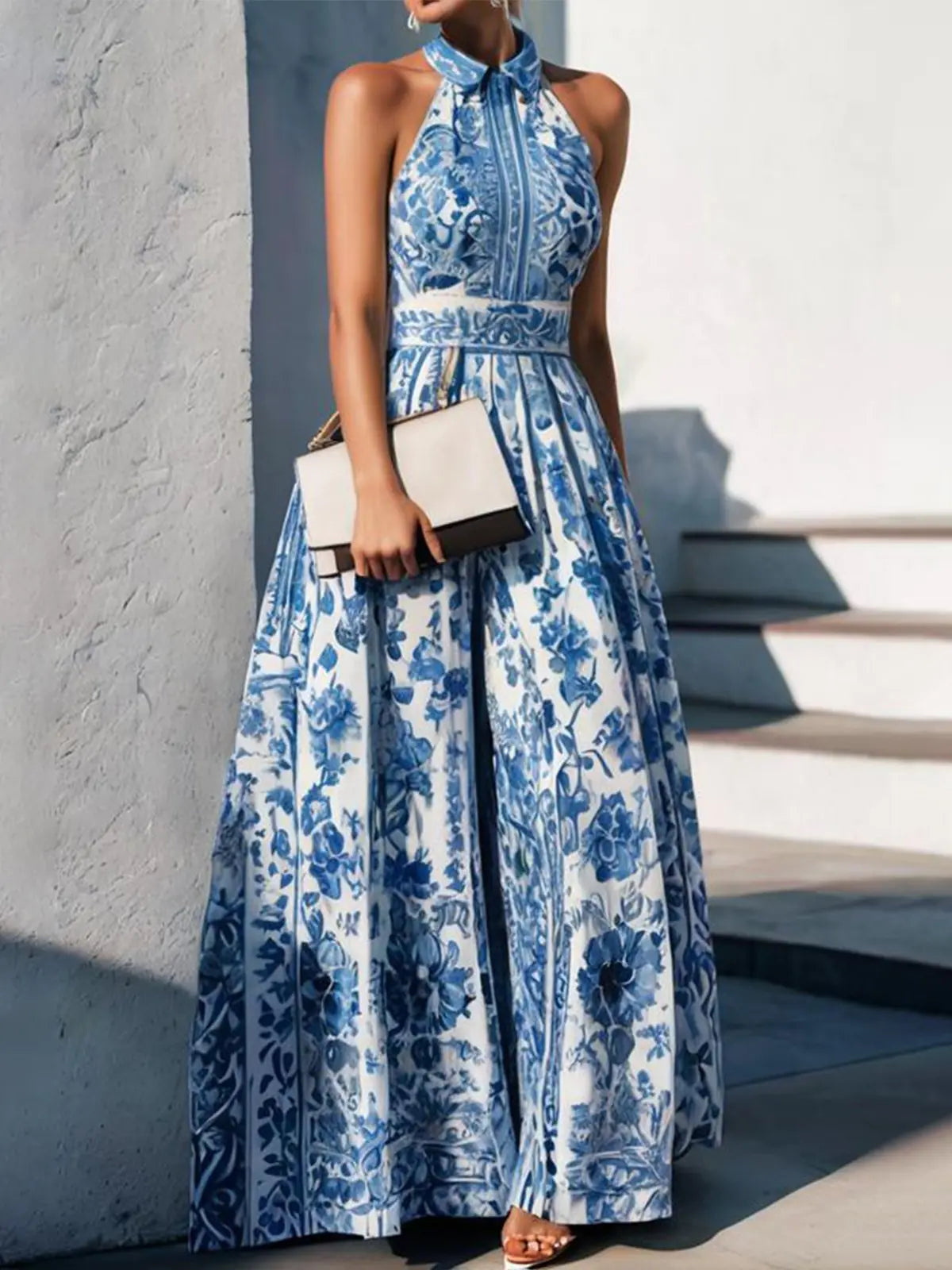 LZQ2113 Blue Print Open Back Split Dress