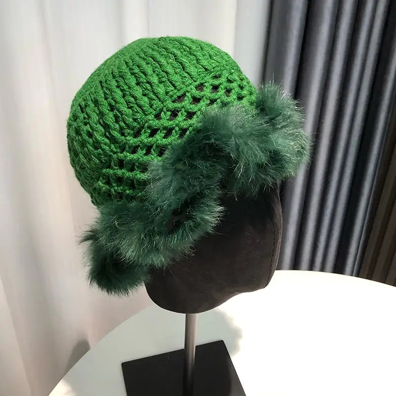 Hollow Knitted Women's Fisherman Rabbit Fur Hat