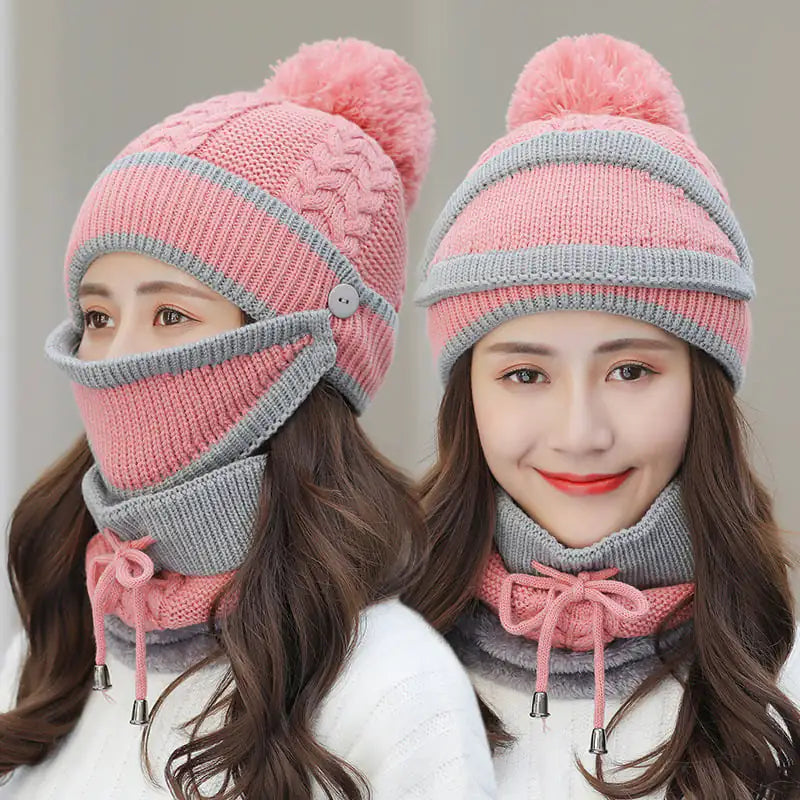 Warm Women's Knitted Beanie Hat and Scarf Set (3pcs)