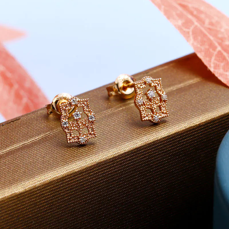 European Style Retro Flower Earrings – Rose Gold with Sparkling Zircon Crystals