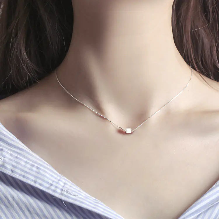 S925 Silver Brushed Square Necklace for Women