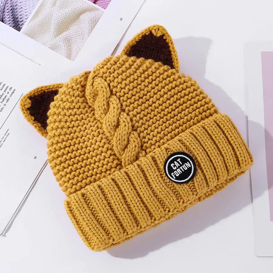 Cute Fleece Lined Woolen Cat Ears Cap for Women