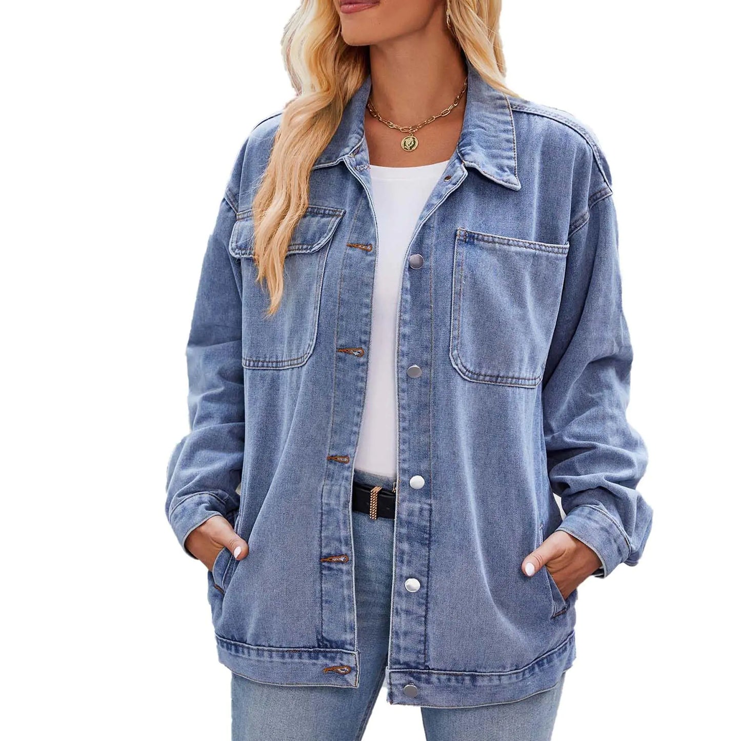 Vanfany denim jacket for women Long Sleeve Fashion Button Down Jean Jackets with Pockets Light Blue S