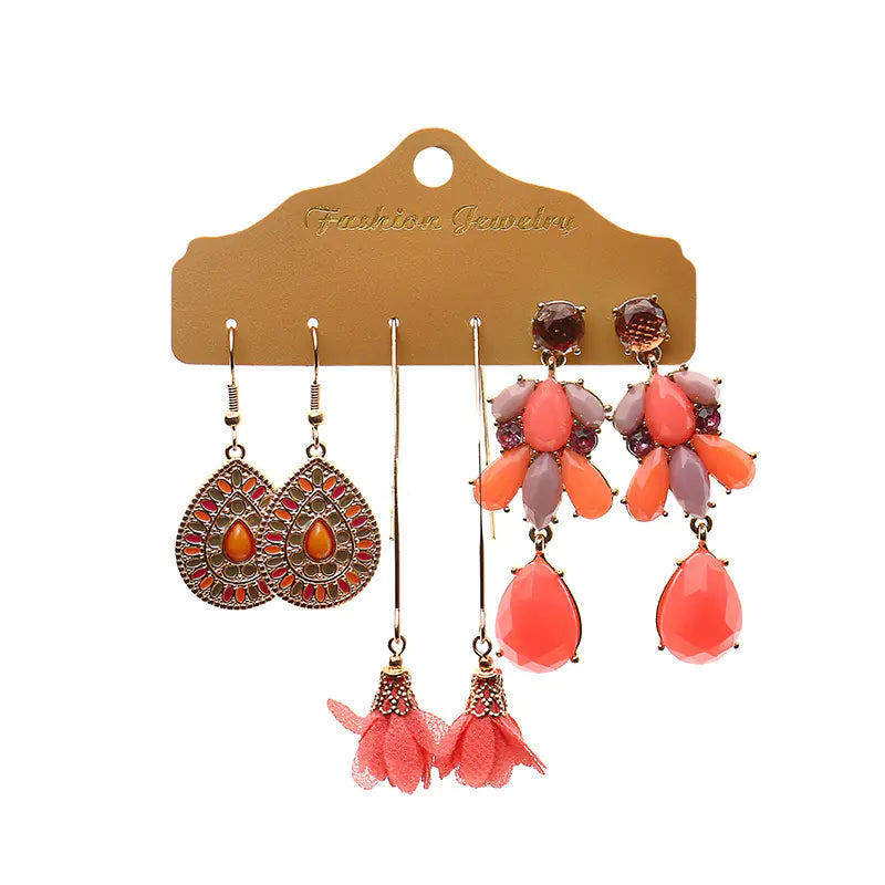 Fashion Minimalist Alloy Floral Tassel Earrings Set (3pcs)