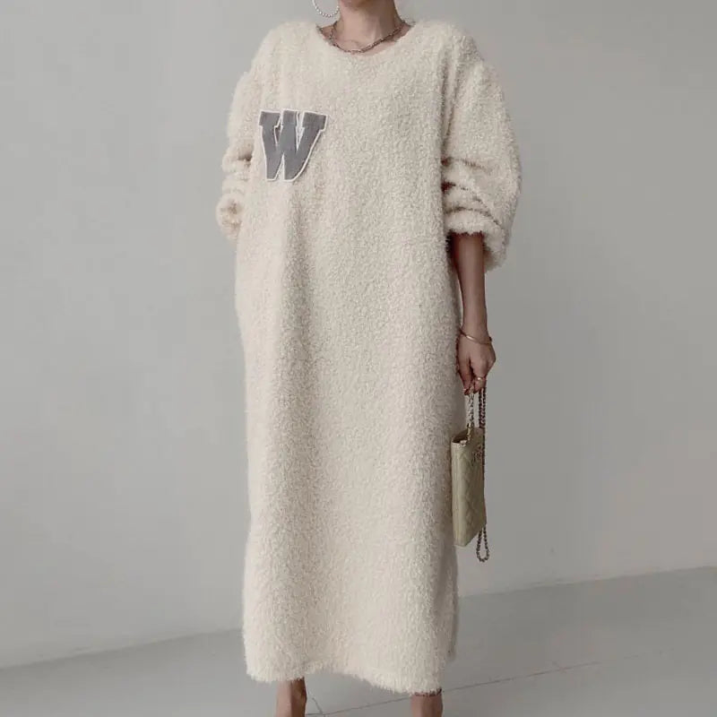 Warm Plush Long Sleeve Sweater Dress with Letter Patch