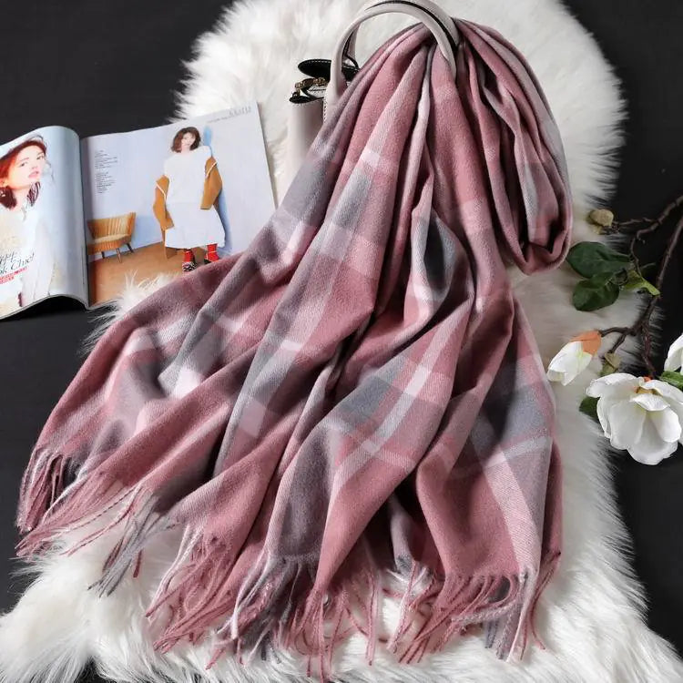 Plaid Scarf for Women - Long Fringed Double-Sided Shawl