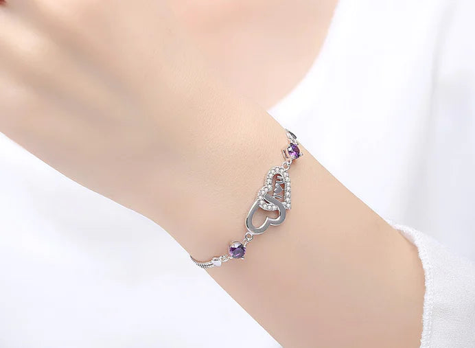 925 Sterling Silver Double Heart Bracelet – Crystal Zirconia Charm Jewelry for Women