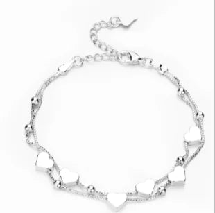 S925 Sterling Silver Double Layer Bracelet – Dainty Heart Charm Jewelry for Women