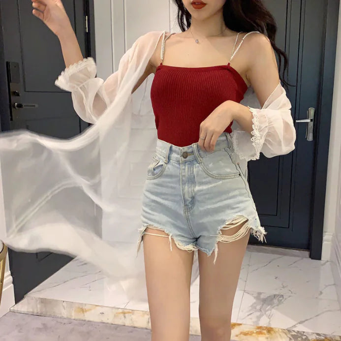 Pearl Sling Knitted Vest for Women - Summer Jacket