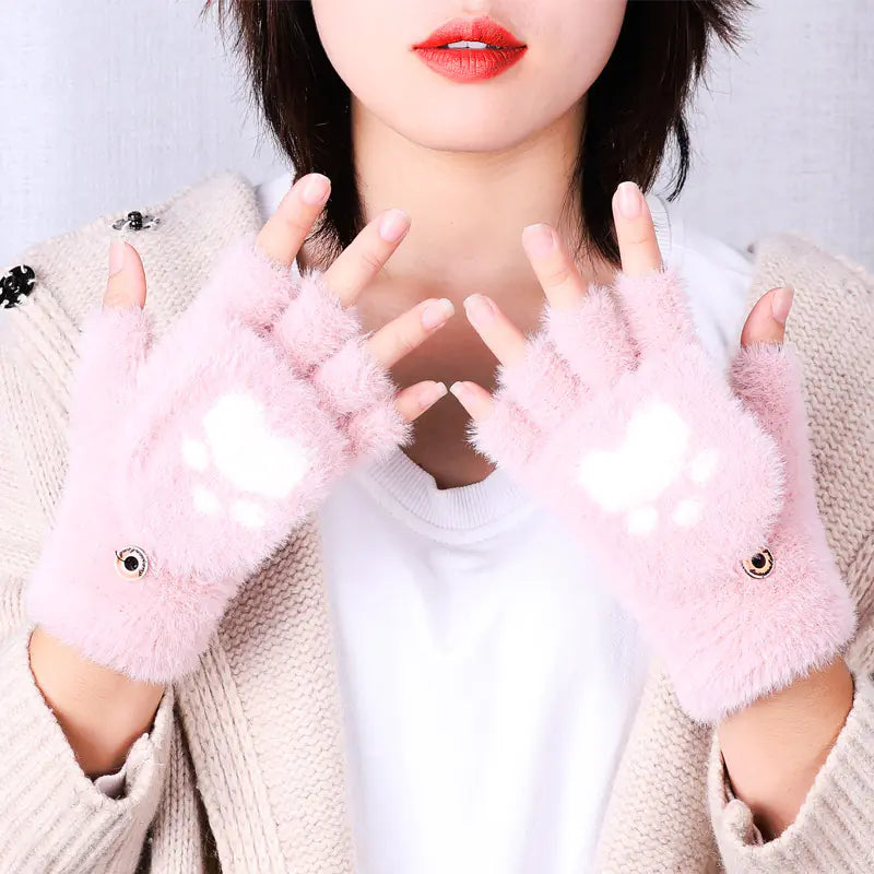 Winter Cat Claw Half-Finger Knitted Gloves for Women