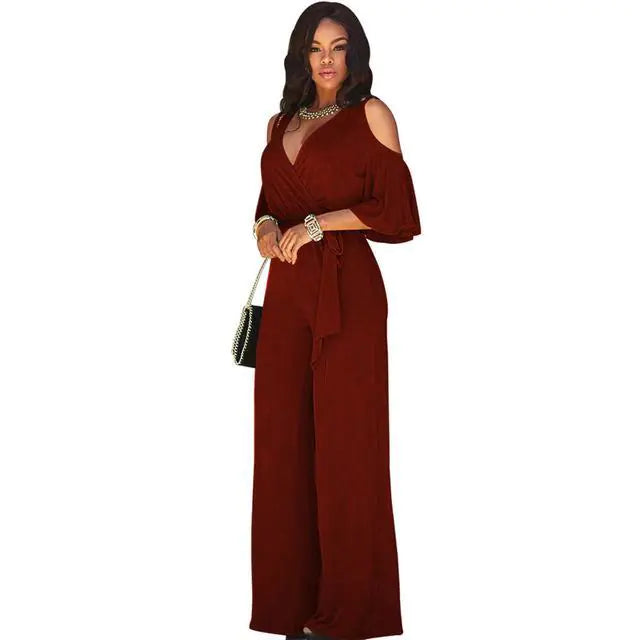 Solid Color Deep V Short Sleeve Jumpsuit with Belt