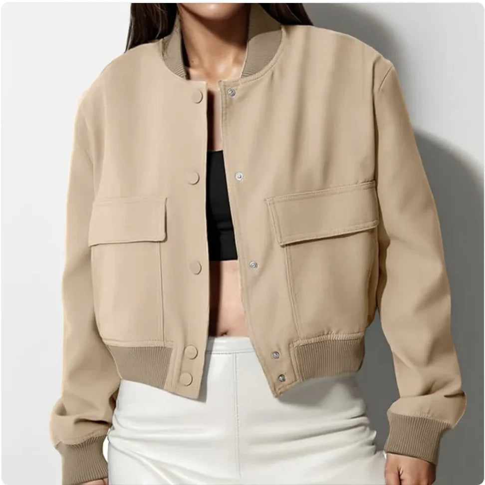 Women’s Loose Stand Collar Jacket – Short Casual Button Coat with Large Pockets