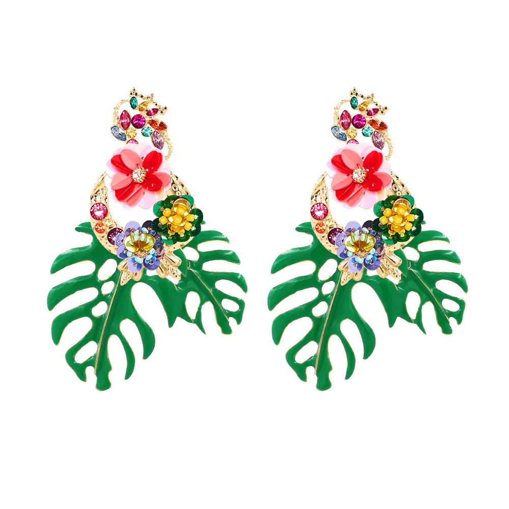 Exaggerated Flower Leaf Earrings with Rhinestones
