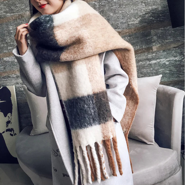 Thick Color-Block Scarf, Faux Cashmere Shawl for Women