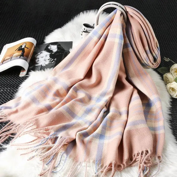 Plaid Scarf for Women - Long Fringed Double-Sided Shawl