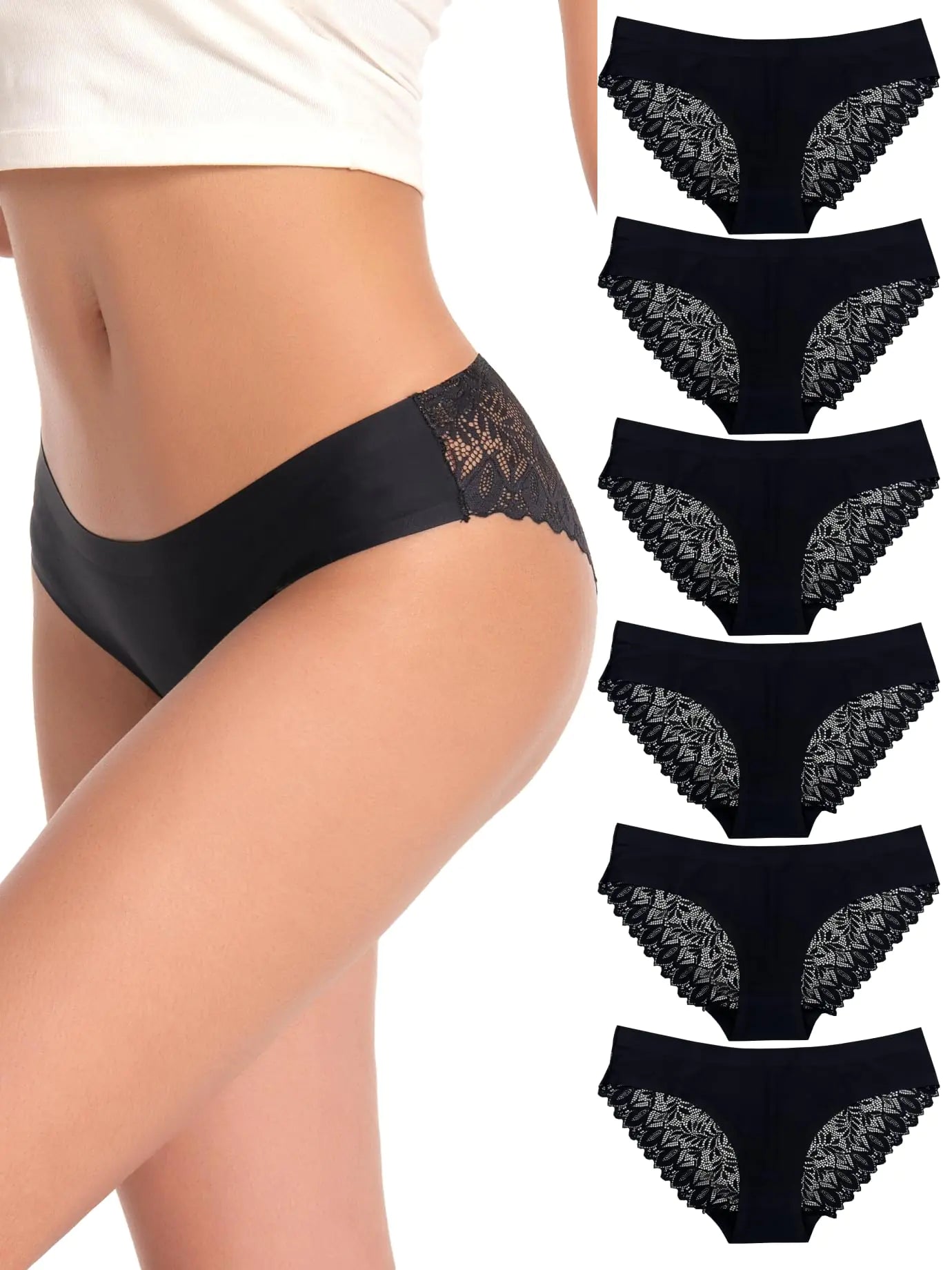 MYGALA 6 Pack Sexy Underwear for Women Silky Breathable No Show Panties Ladies Lace Bikini Lightweight Briefs Hipster (BLACK X-Small)