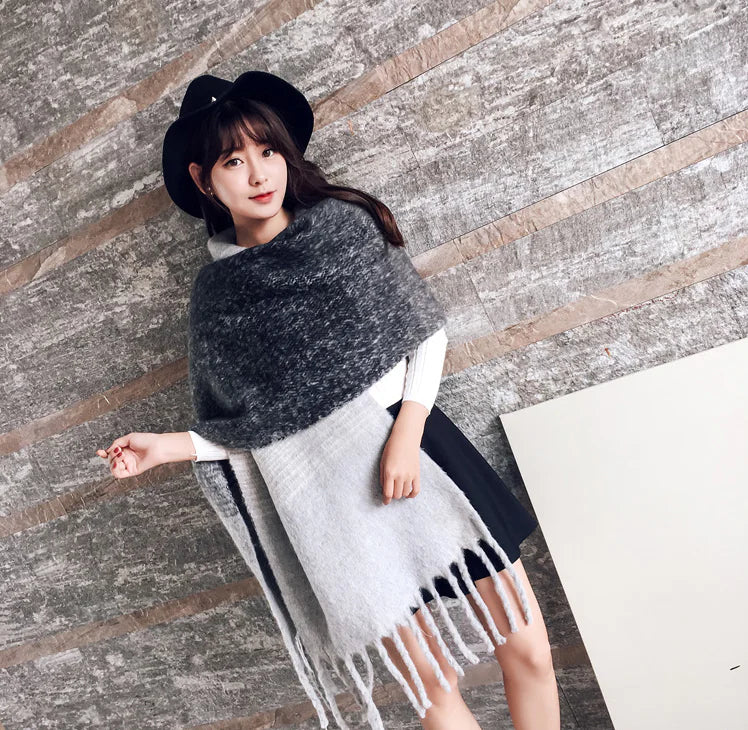 Thick Color-Block Scarf, Faux Cashmere Shawl for Women