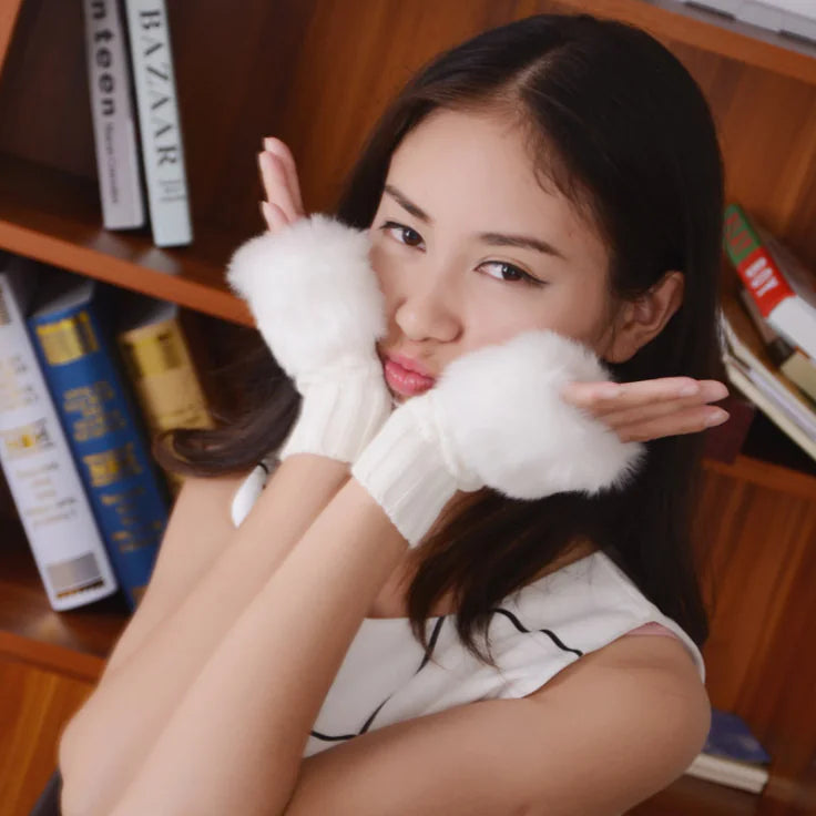 Rabbit Fur Half-Finger Knit Gloves for Warmth