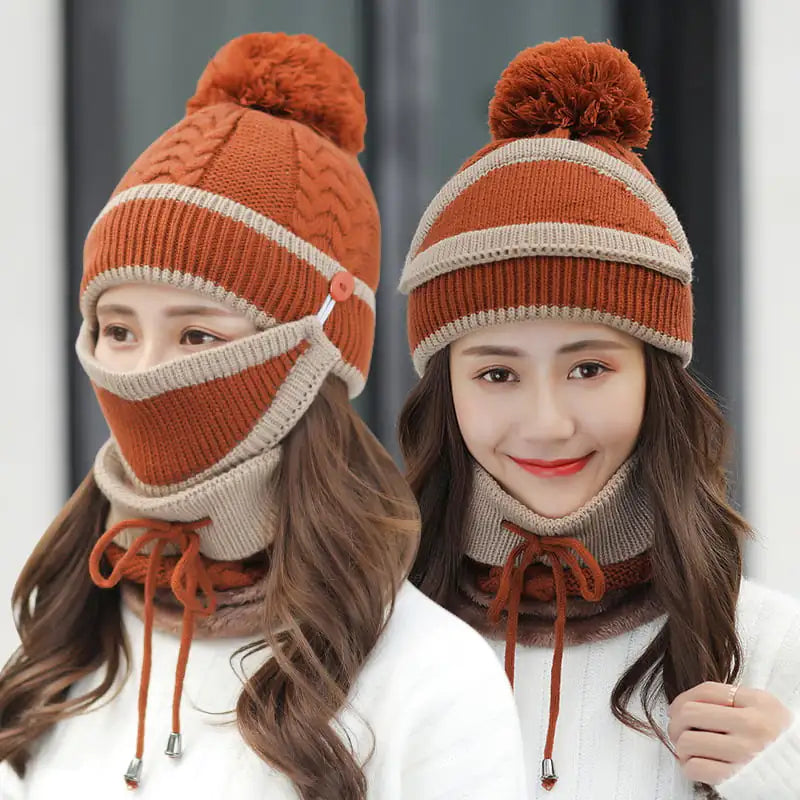 Warm Women's Knitted Beanie Hat and Scarf Set (3pcs)
