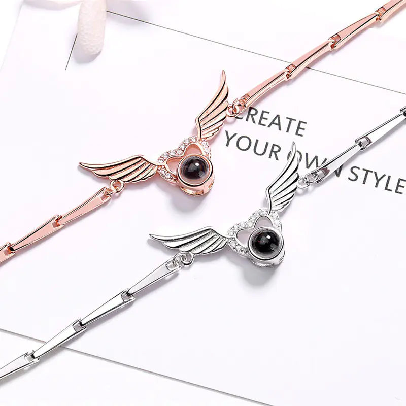 S925 Sterling Silver Angel Wings Projection Bracelet β Heart Charm with Custom Photo or Message
