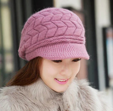 Knitted Rabbit Fur Pattern Beanie Hat