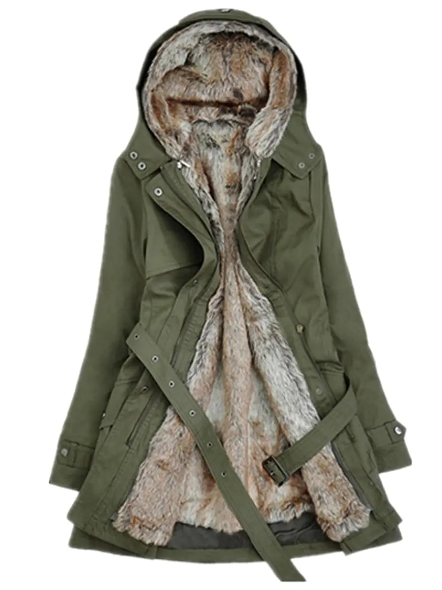 Hooded Cotton Jacket with Removable Fur Lining for Women